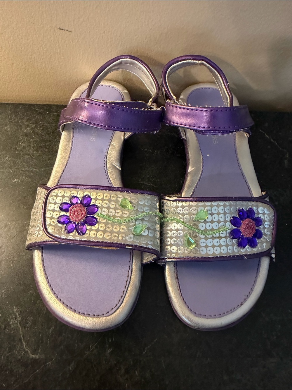 Jumping jacks Girls Purple Flower Sequin Velcro Sandals size 12W